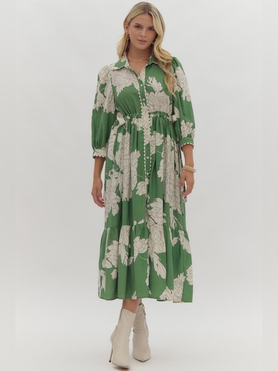 entro Dresses & Skirts - Entro Green White Floral Peony Gardenia Print Midi Dress Ric Rack Trim, S. NWOT